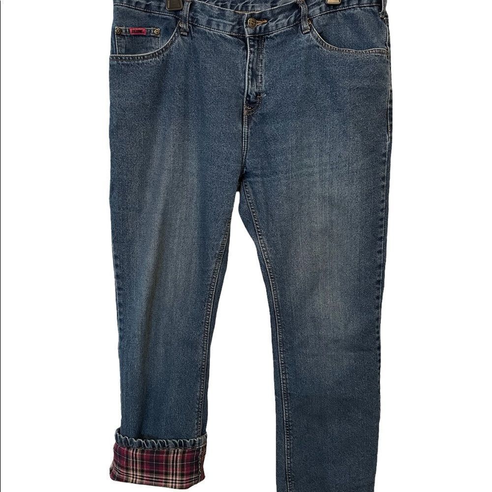 Berne Medium Wash High Waist Bootcut Purple Plaid Lined Denim Jeans